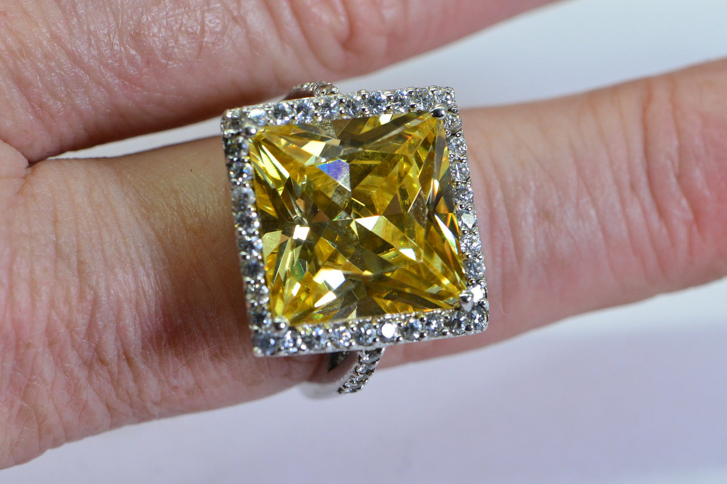Vintage Simulated Yellow Diamond Ring: Sterling Silver Cushion Halo