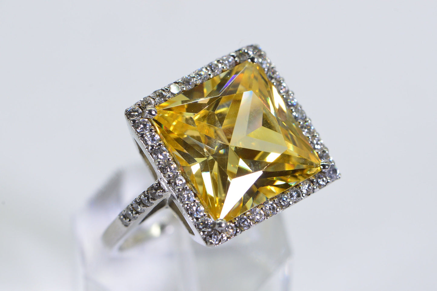 Vintage Simulated Yellow Diamond Ring: Sterling Silver Cushion Halo