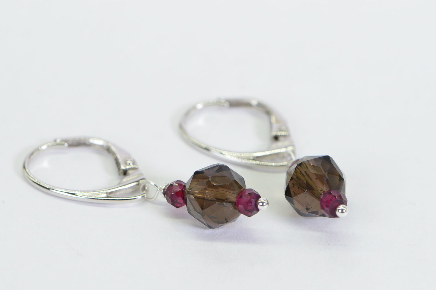 Smoky Quartz Garnet Dangle Earrings: Sterling Silver Hoop Gemstone Earrings