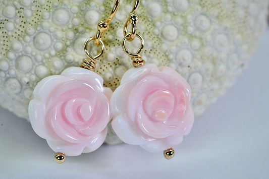 14K Gold Queen Conch Rose Earrings: Carved Pink Flower Shell