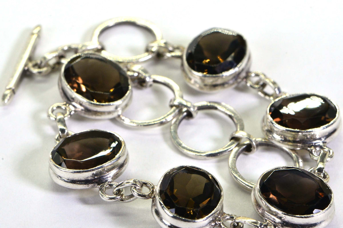 Chunky Smokey Quartz Bracelet: Large Stone, Bezel Set in Sterling Silver with Toggle Clasp
