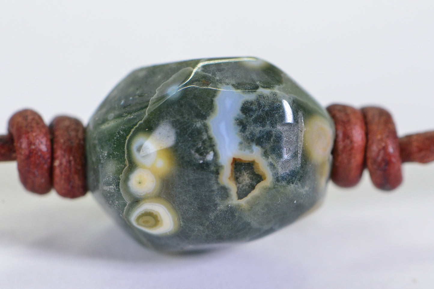 Raw Ocean Jasper Leather Cord Necklace: 925 Silver Clasp