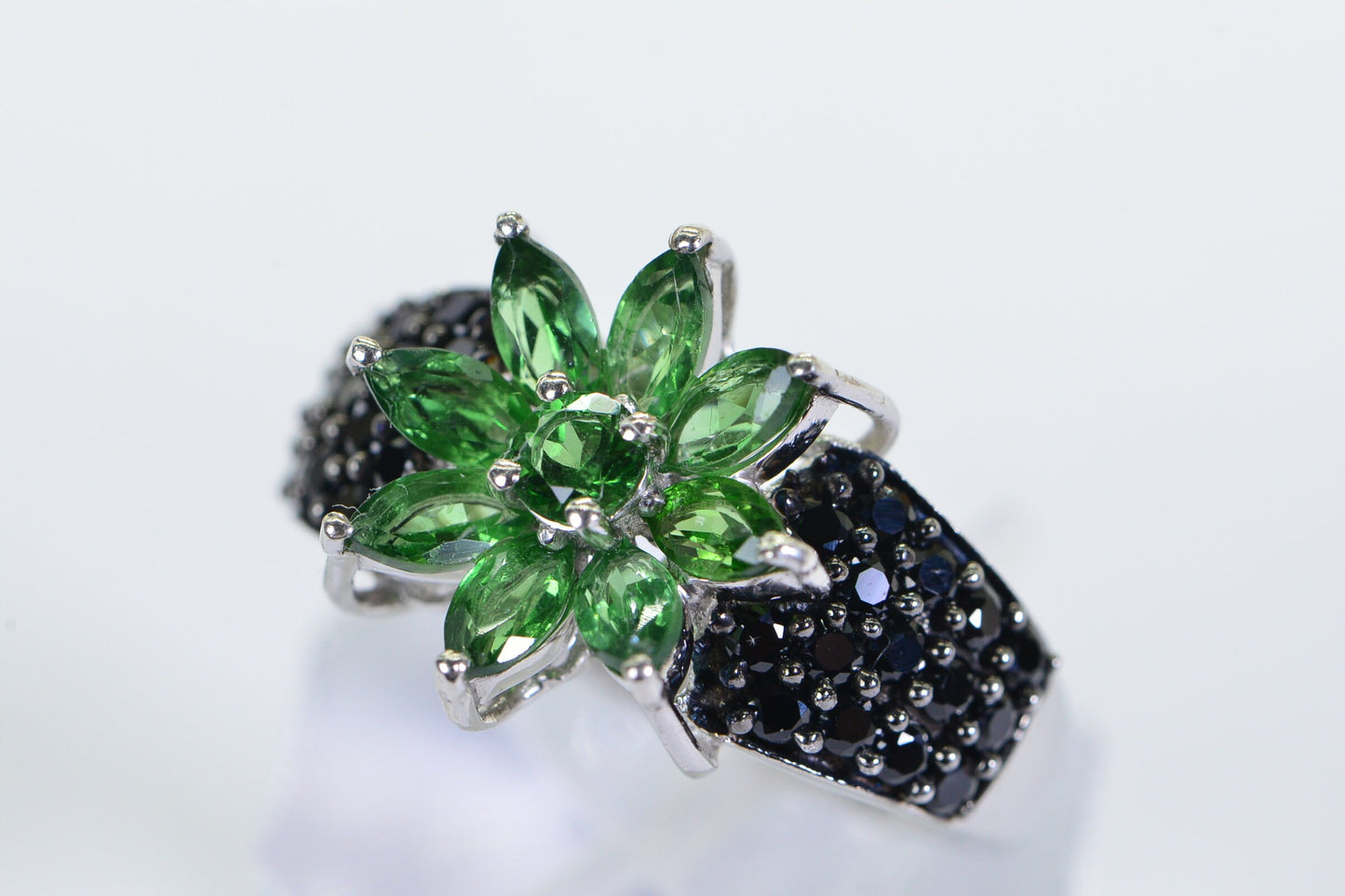 Emerald Flower Ring: Black Spinel, 14K White Gold Over Sterling Silver