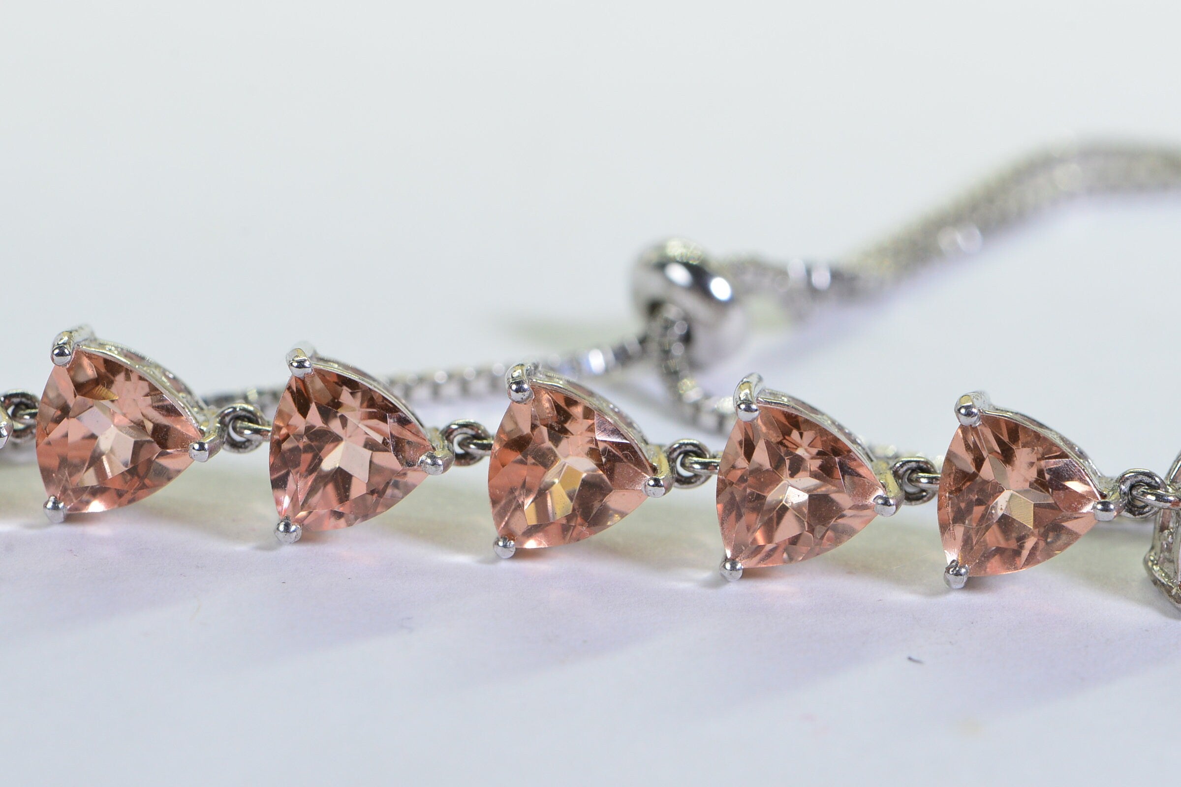 Morganite Quartz Trillion Cut Bracelet: Sterling Silver Bolo, Adjustable Fit
