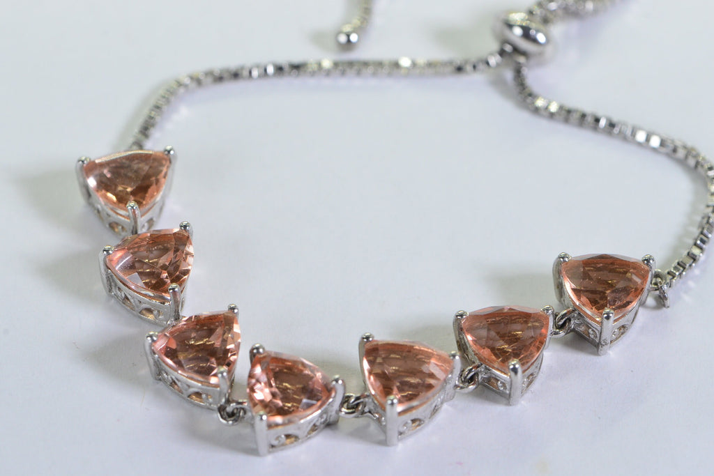 Morganite Quartz Trillion Cut Bracelet: Sterling Silver Bolo, Adjustable Fit