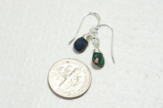 Ethiopian Black Opal Drop Earrings Tiny Earrings Sterling Silver Wire Birthstone October