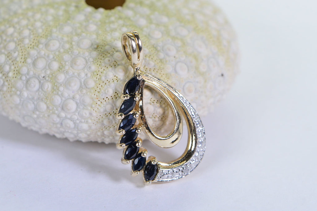 Vintage Sapphire Teardrop Pendant: Two-Tone Gold September Birthstone
