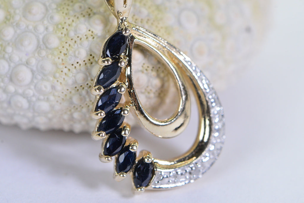 Vintage Sapphire Teardrop Pendant: Two-Tone Gold September Birthstone