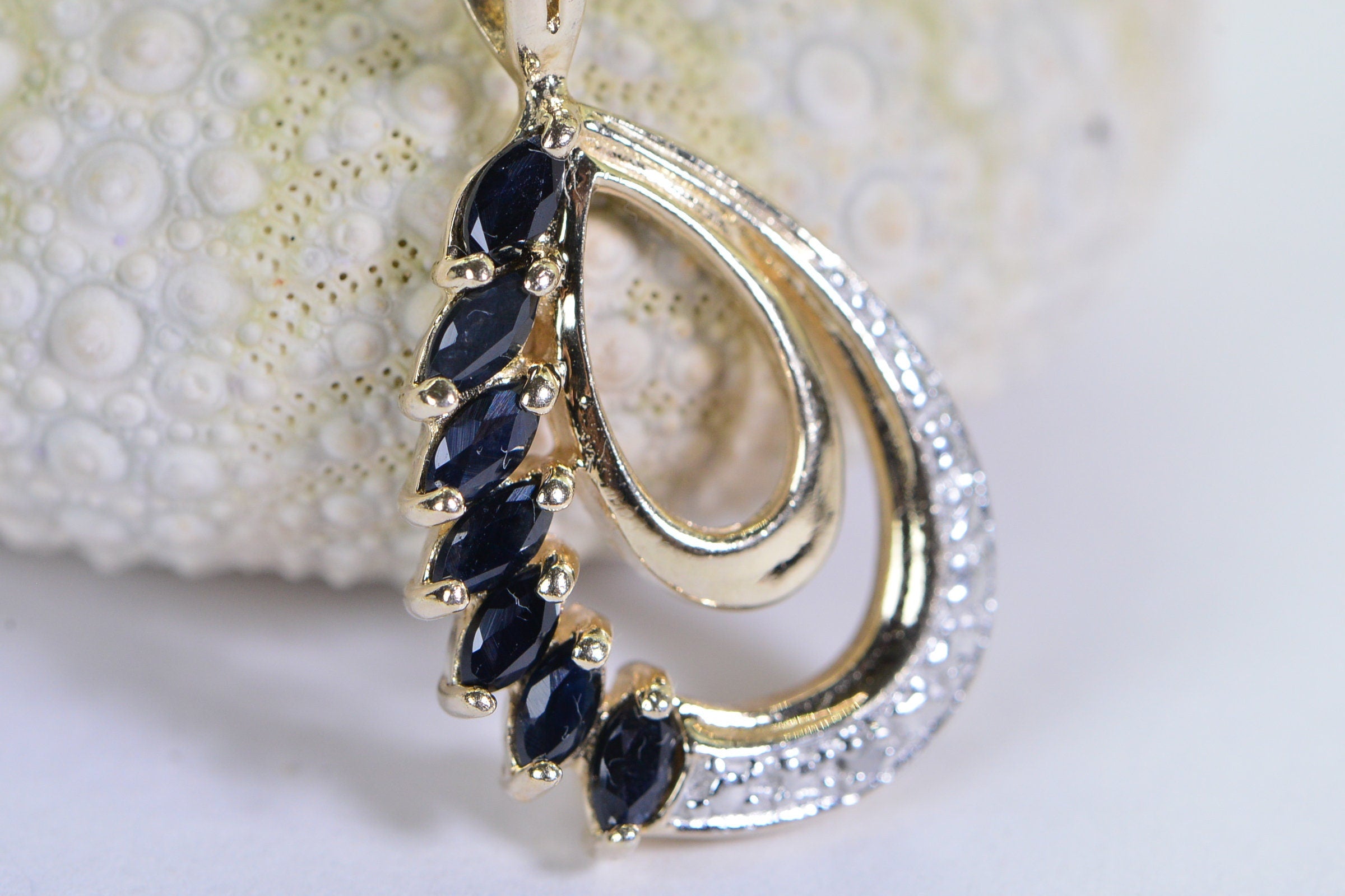 Vintage Sapphire Teardrop Pendant: Two-Tone Gold September Birthstone