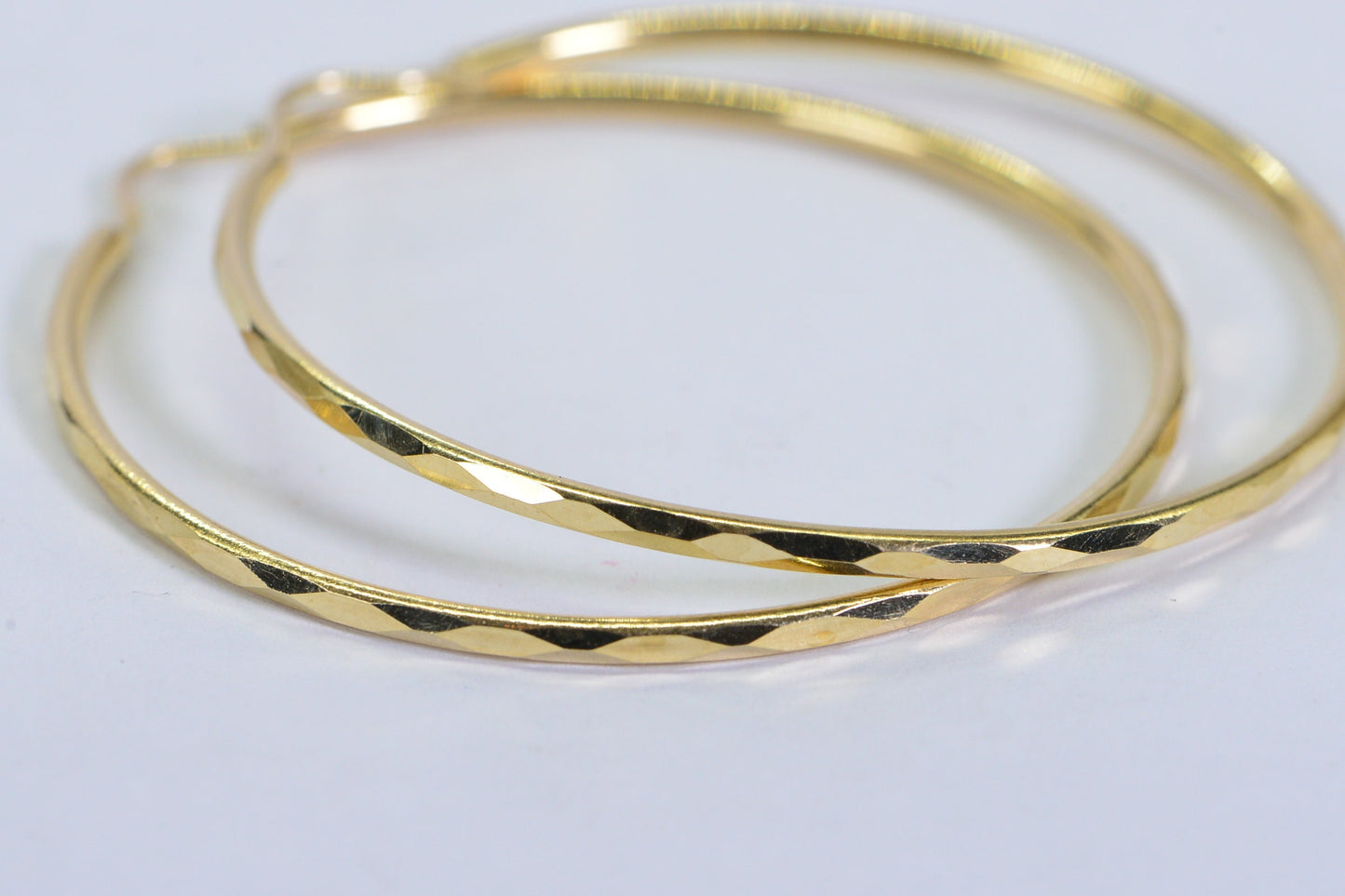 14K Yellow Gold Hoop Earrings: 45mm Textured Circle Hoops
