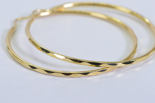14K Yellow Gold Hoop Earrings: 45mm Textured Circle Hoops