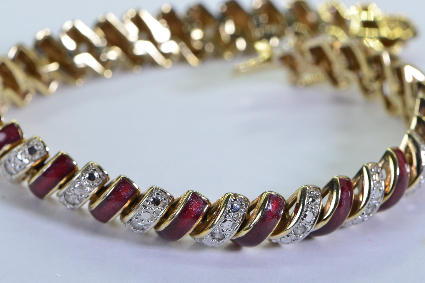 14K Gold Red Enamel Diamond Tennis Bracelet: Vintage Dome Bracelet