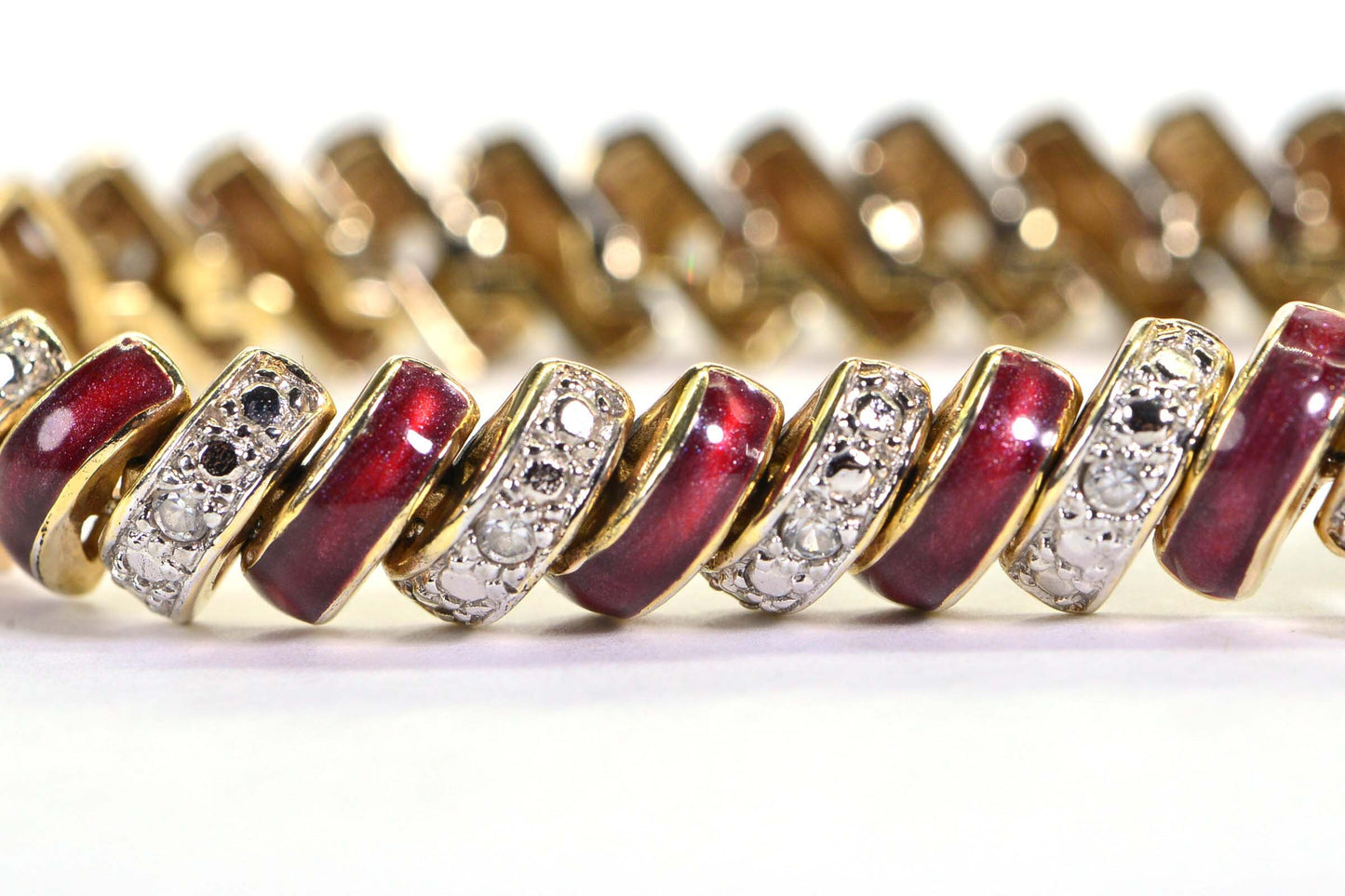 14K Gold Red Enamel Diamond Tennis Bracelet: Vintage Dome Bracelet