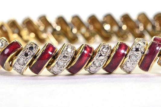 14K Gold Red Enamel Diamond Tennis Bracelet: Vintage Dome Bracelet