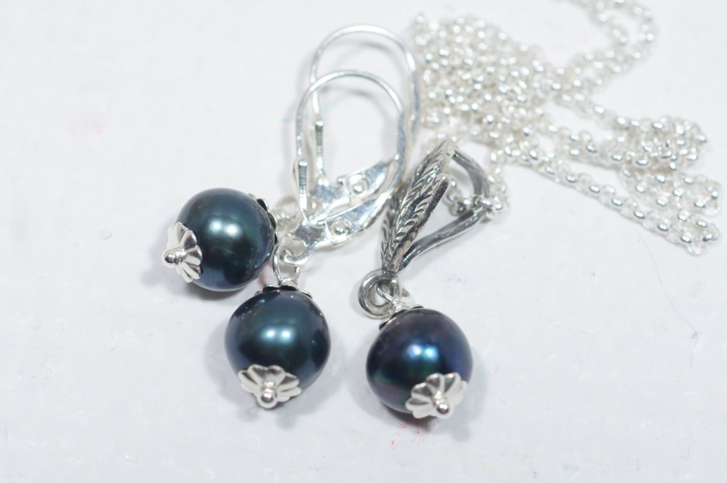 Black Pearl Earrings Sterlings Siver Necklace Set Freshwater Pearl  Birthstone Gemstone Jewelry