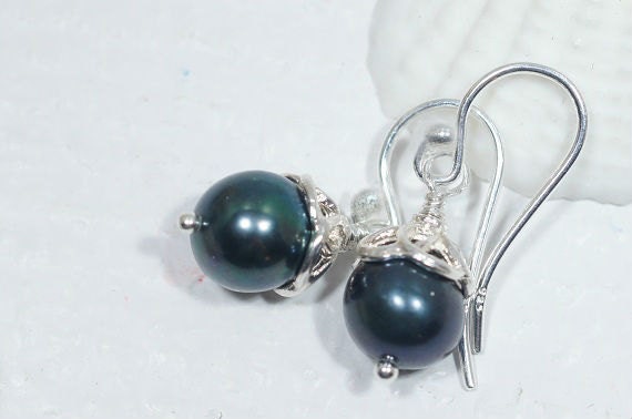 Black Pearl Sterling Silver Earrings, Bridesmaid Jewelry