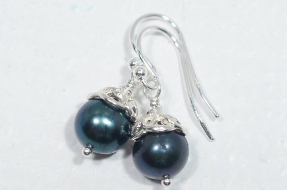 Black Pearl Sterling Silver Earrings, Bridesmaid Jewelry