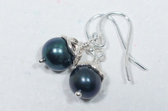Black Pearl Sterling Silver Earrings, Bridesmaid Jewelry