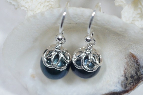 Black Pearl Sterling Silver Earrings, Bridesmaid Jewelry