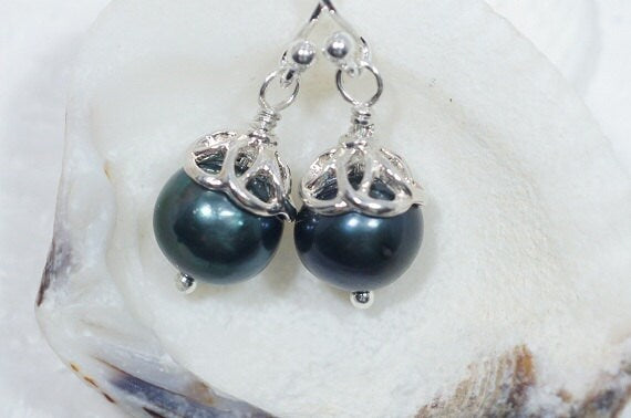 Black Pearl Sterling Silver Earrings, Bridesmaid Jewelry