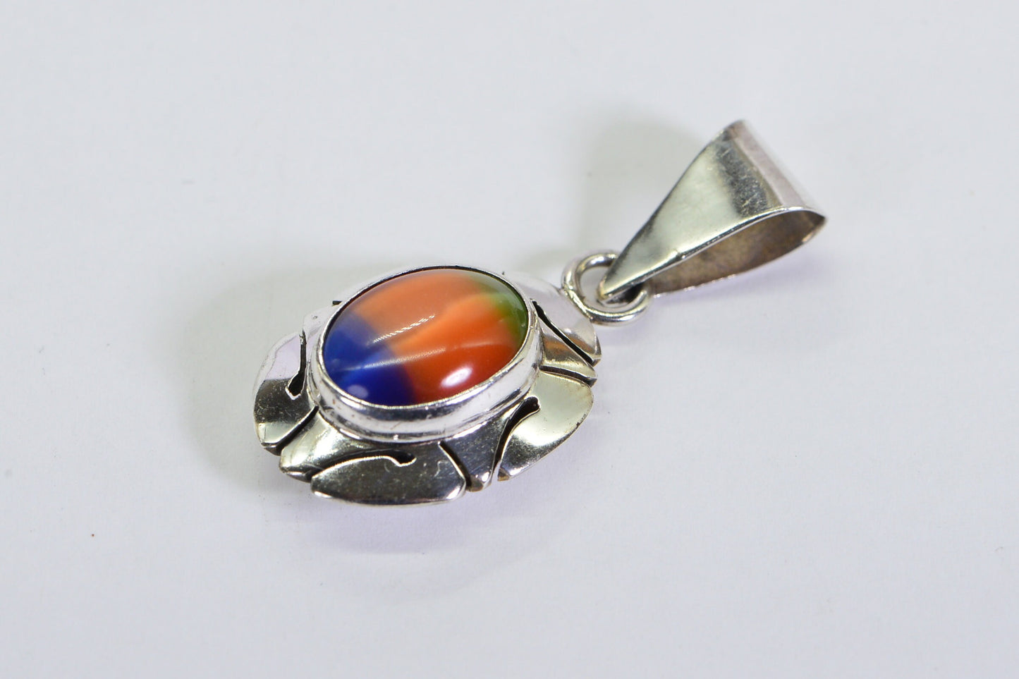 Vintage Sterling Silver and Art Glass Pendant with Imitation Ammonite