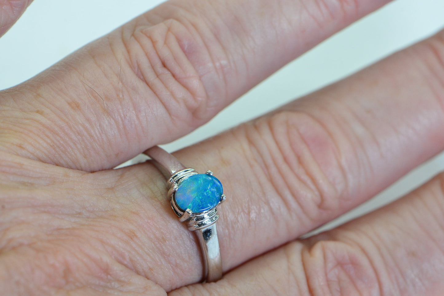 Australian Opal Ring: Sterling Silver Minimalist Band, Blue-Green Gemstone