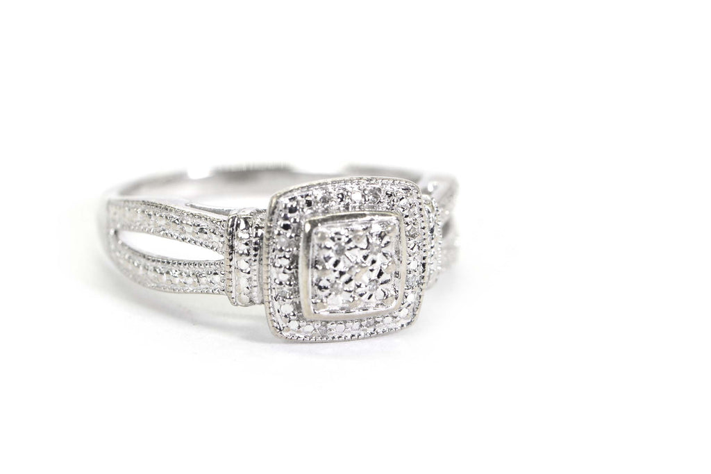 14K White Gold Diamond Halo Ring: Square Cluster Engagement Ring