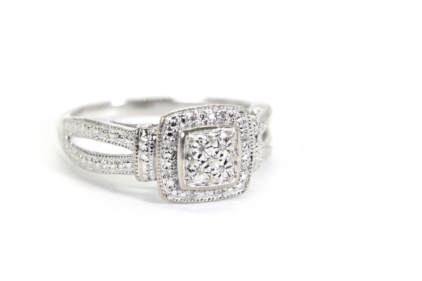 14K White Gold Diamond Halo Ring: Square Cluster Engagement Ring