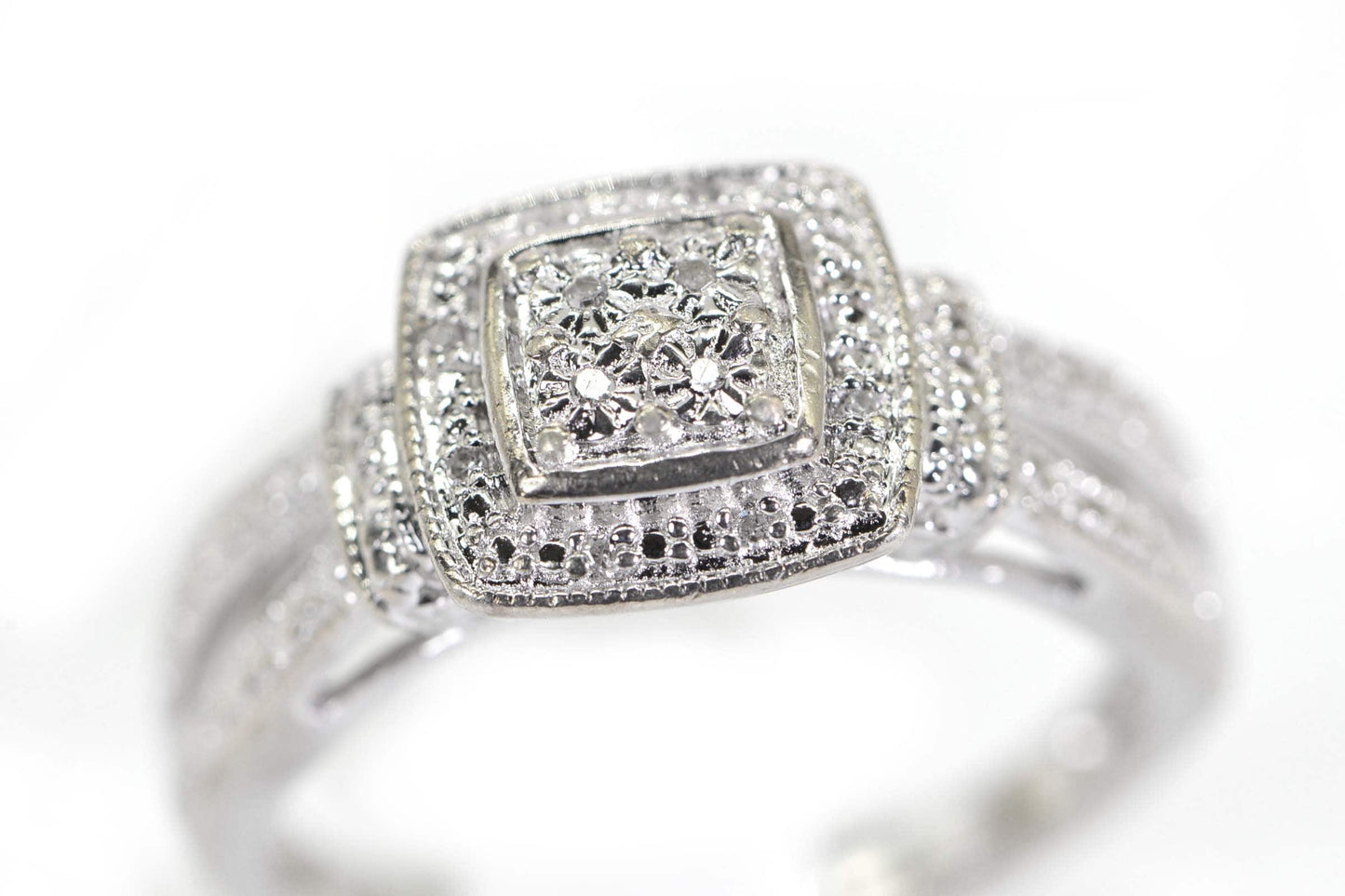 14K White Gold Diamond Halo Ring: Square Cluster Engagement Ring