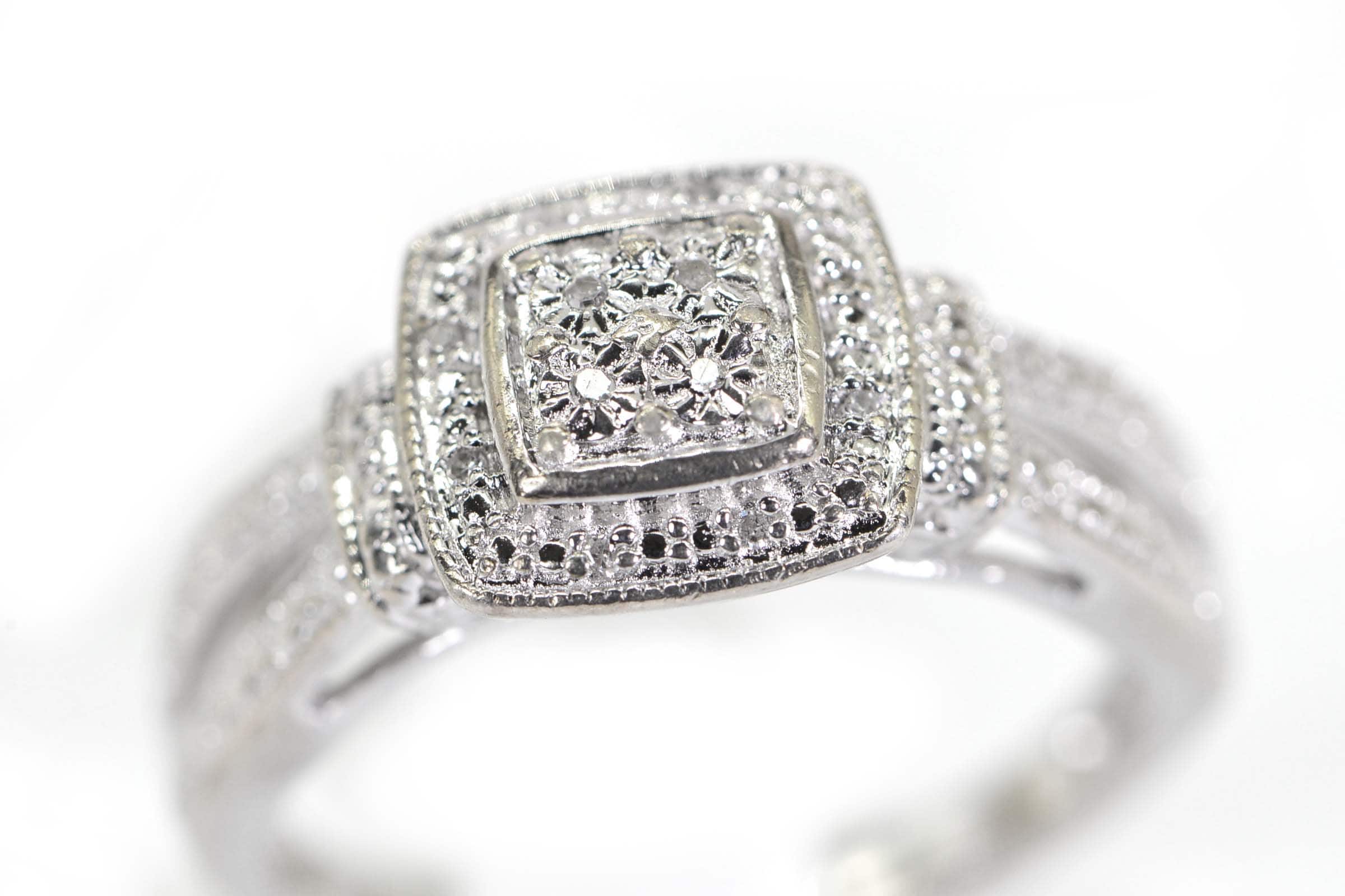 14K White Gold Diamond Halo Ring: Square Cluster Engagement Ring