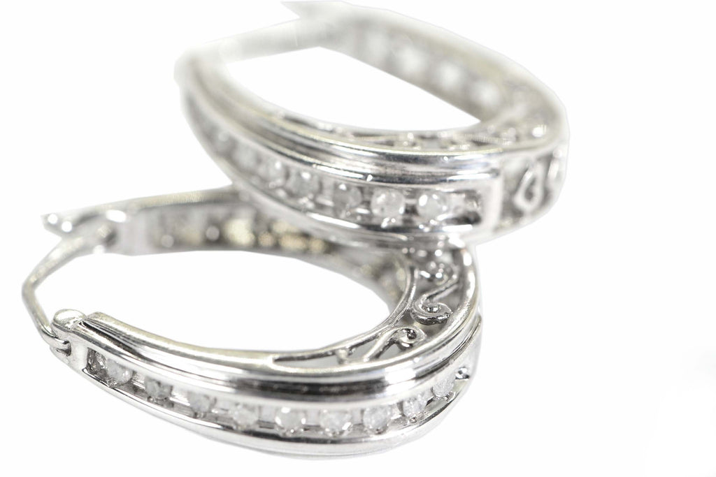 Sterling Silver Diamond Hoop Earrings: Filigree Heart Detail