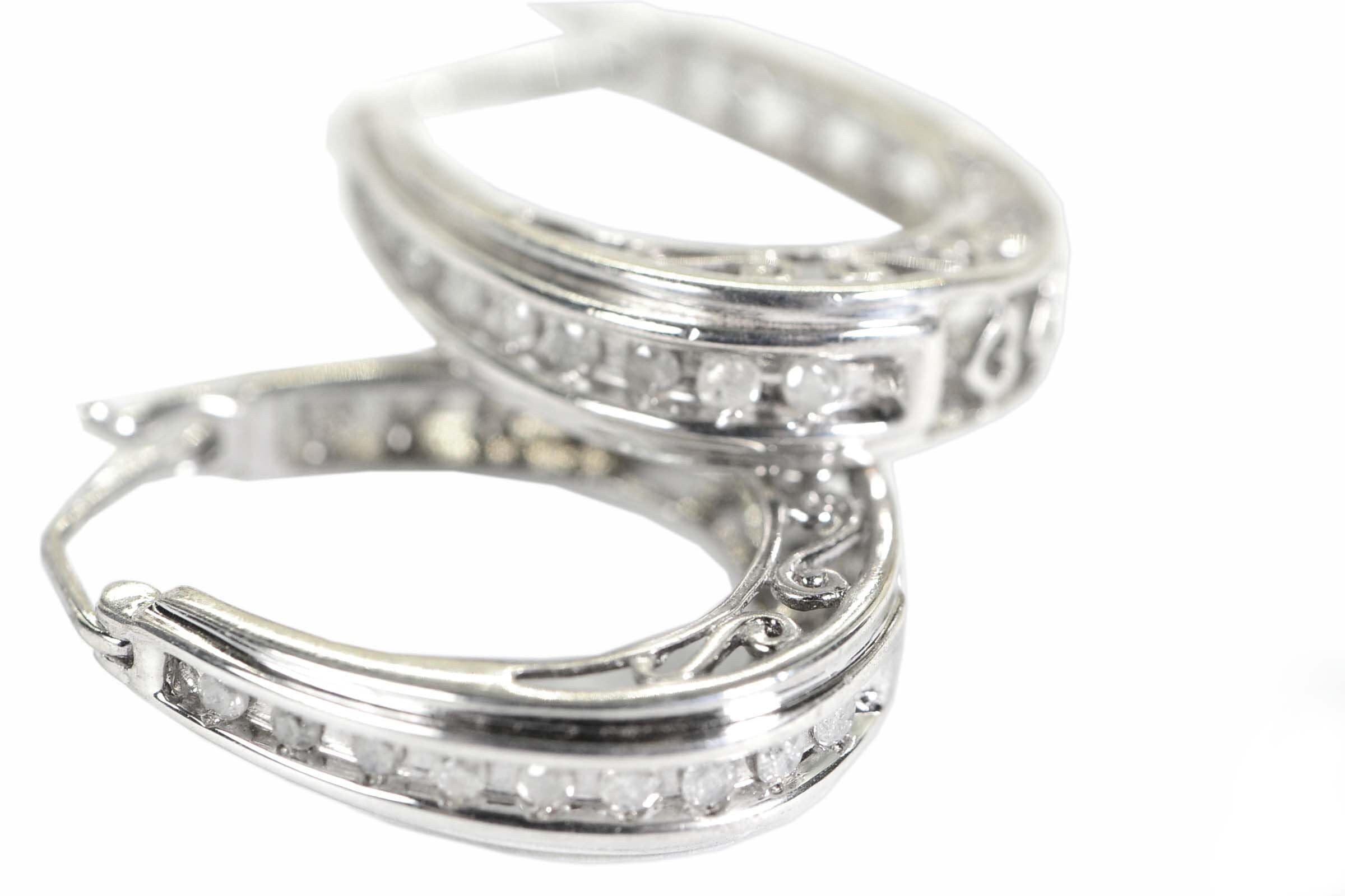 Sterling Silver Diamond Hoop Earrings: Filigree Heart Detail