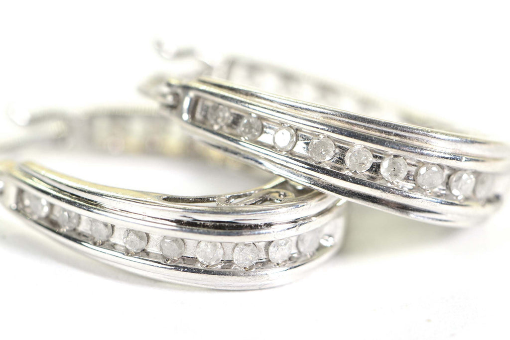 Sterling Silver Diamond Hoop Earrings: Filigree Heart Detail
