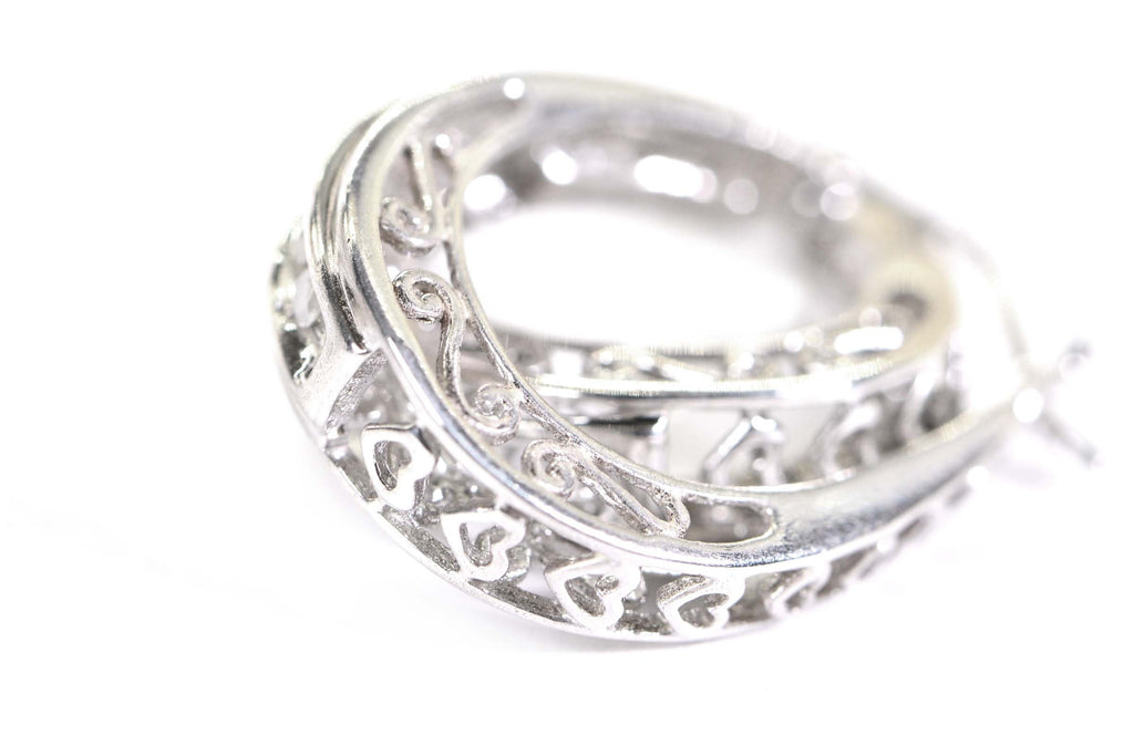 Sterling Silver Diamond Hoop Earrings: Filigree Heart Detail