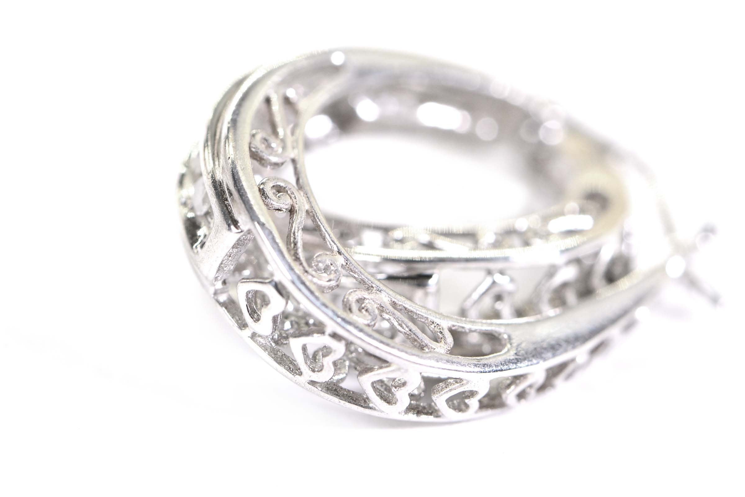 Sterling Silver Diamond Hoop Earrings: Filigree Heart Detail