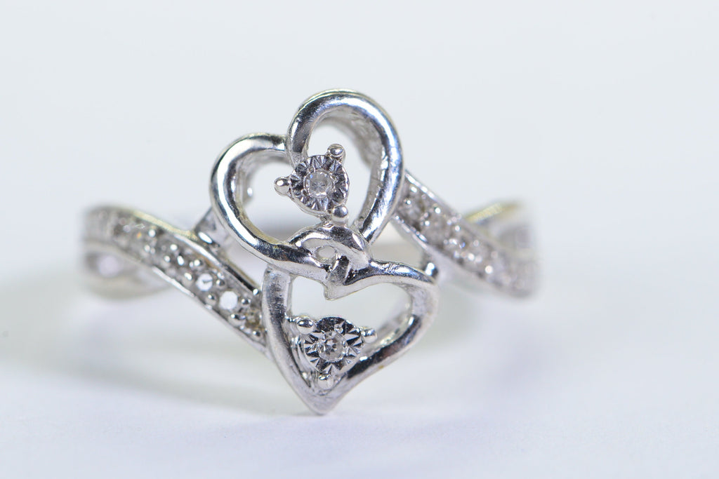 Diamond Two Heart Ring: 14K White Gold over Sterling Silver Engagement Ring