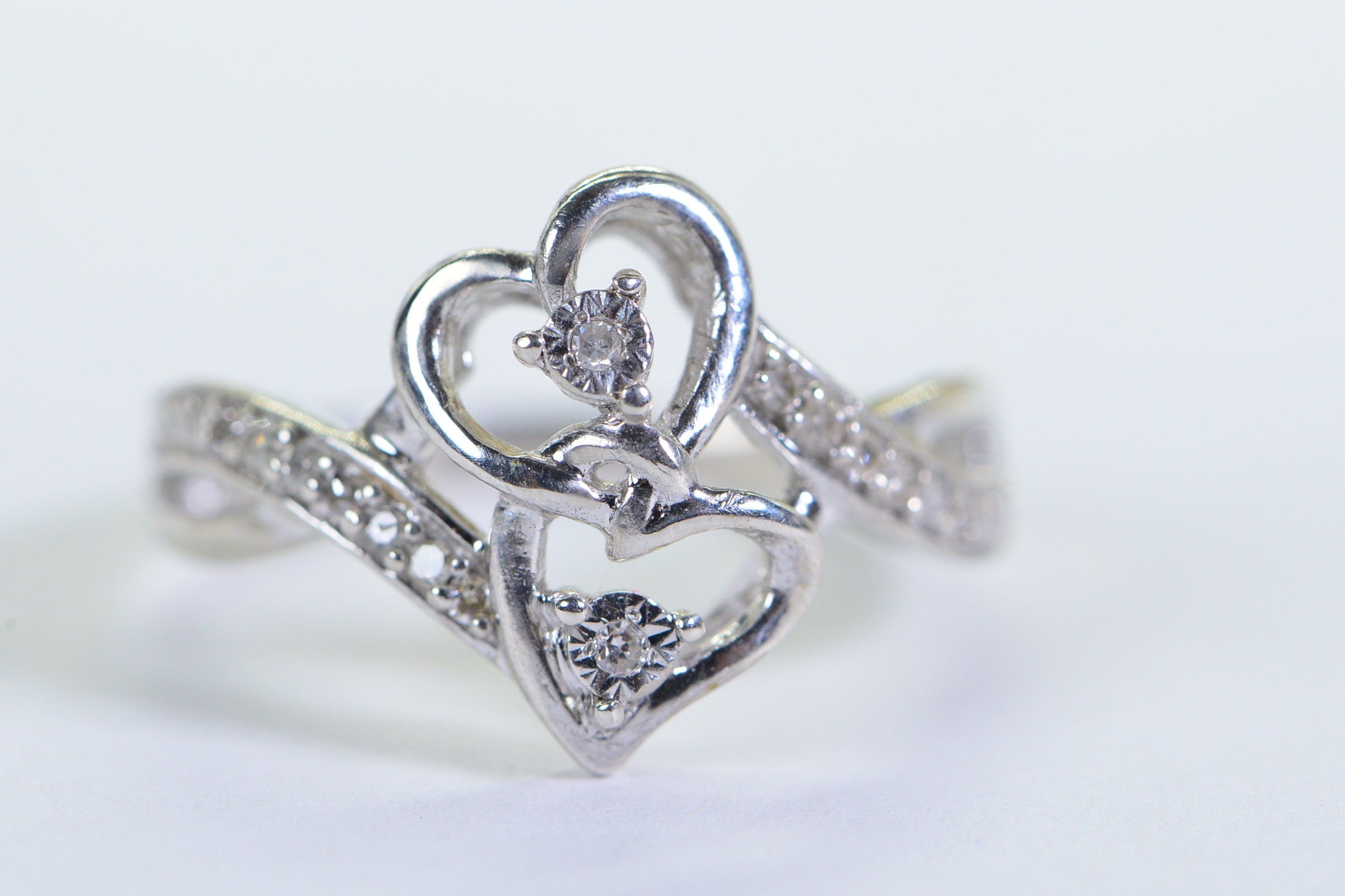 Diamond Two Heart Ring: 14K White Gold over Sterling Silver Engagement Ring