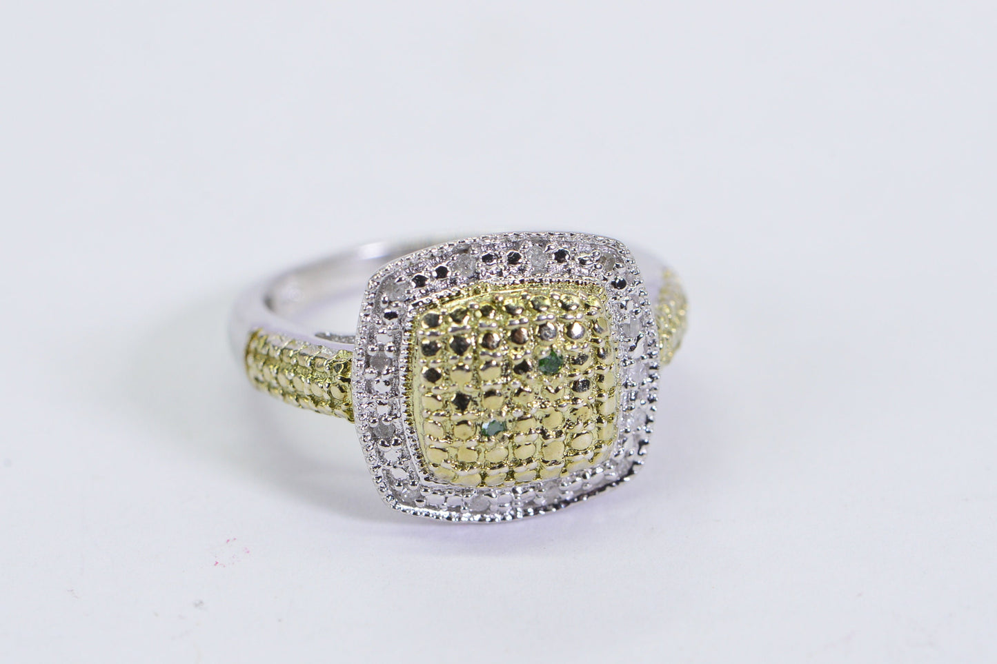 Vintage Two-Tone Diamond Square Ring: White & Yellow Gold over Silver