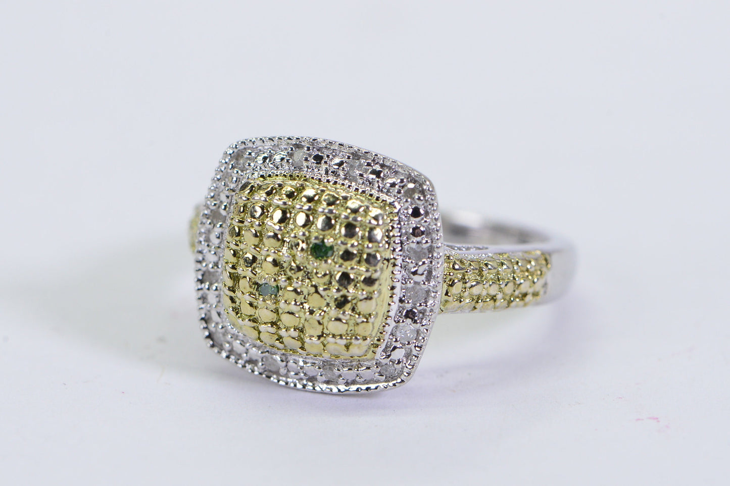 Vintage Two-Tone Diamond Square Ring: White & Yellow Gold over Silver