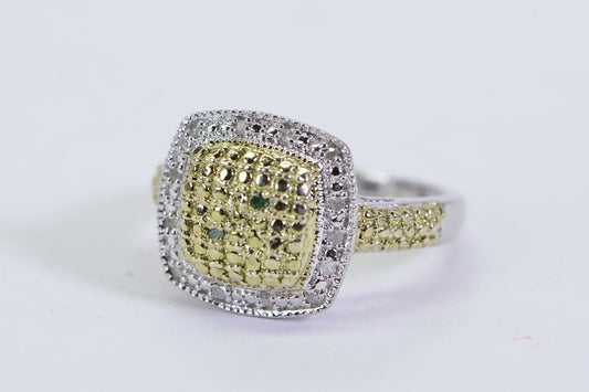 Vintage Two-Tone Diamond Square Ring: White & Yellow Gold over Silver