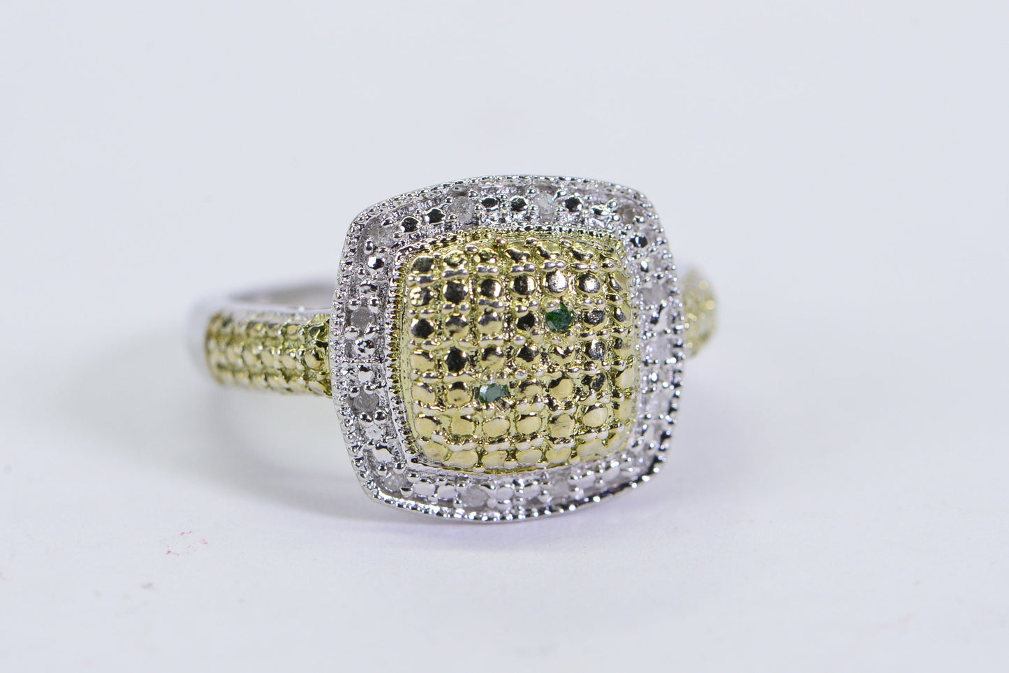 Vintage Two-Tone Diamond Square Ring: White & Yellow Gold over Silver