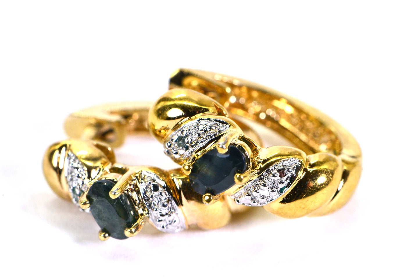 Green Sapphire Diamond Hoop Earrings: 14K Gold Vermeil Sterling Silver