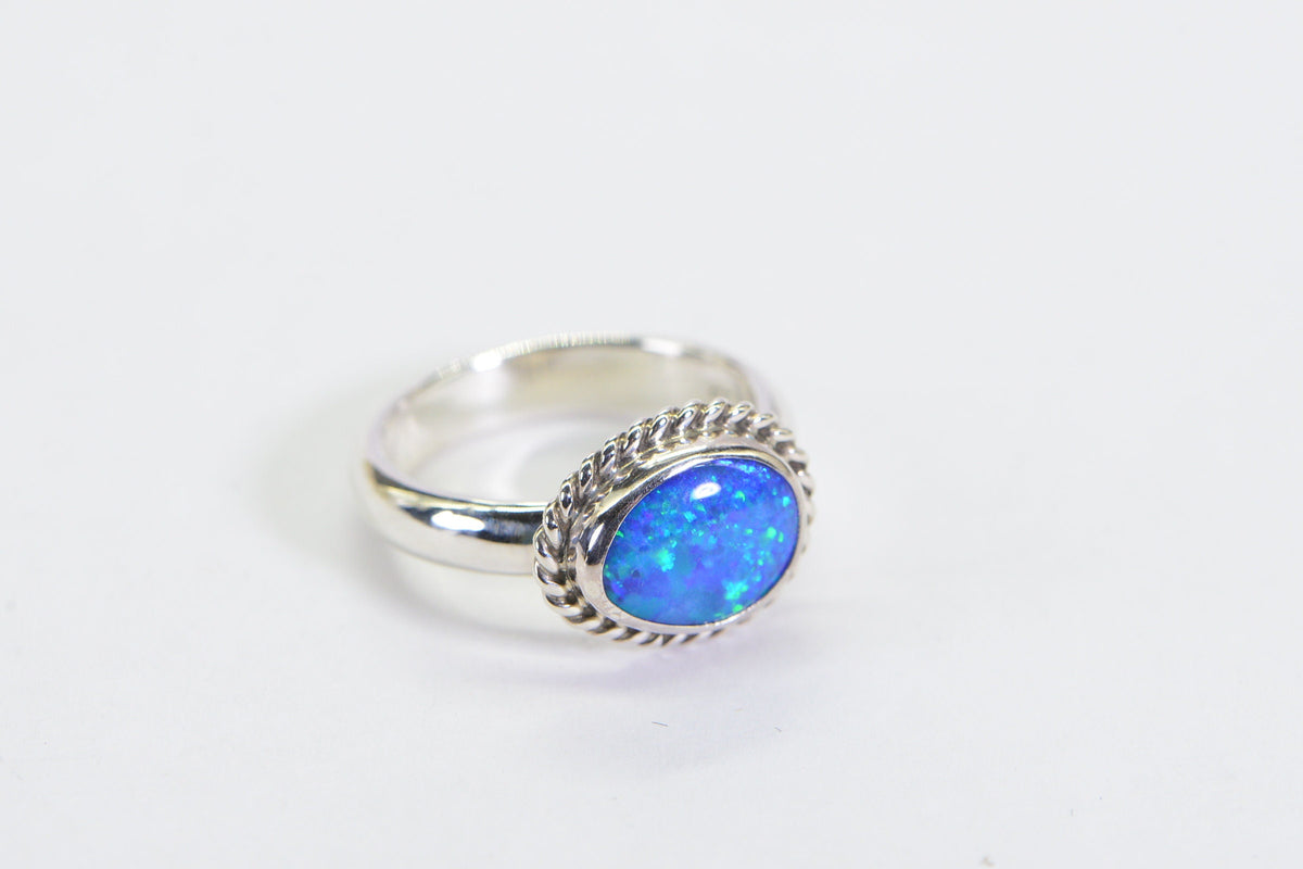 Australian Black Opal Ring: Sterling Silver Bezel, October Birthstone, Size 7