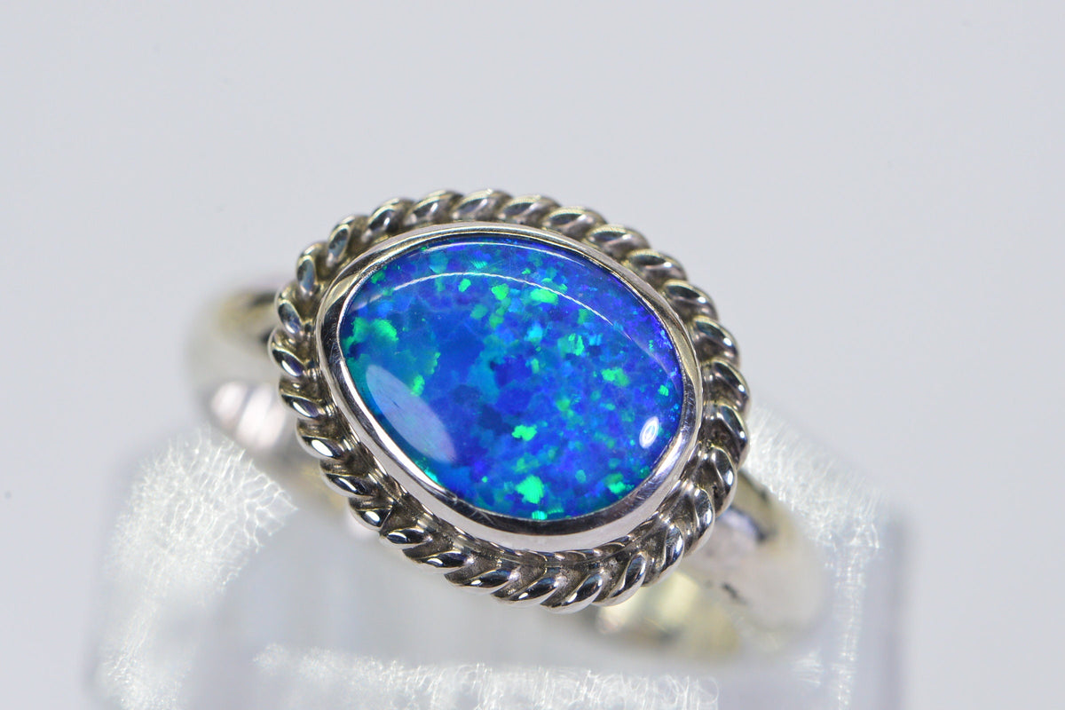 Australian Black Opal Ring: Sterling Silver Bezel, October Birthstone, Size 7