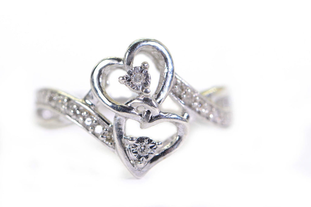 Diamond Two Heart Ring: 14K White Gold over Sterling Silver Engagement Ring