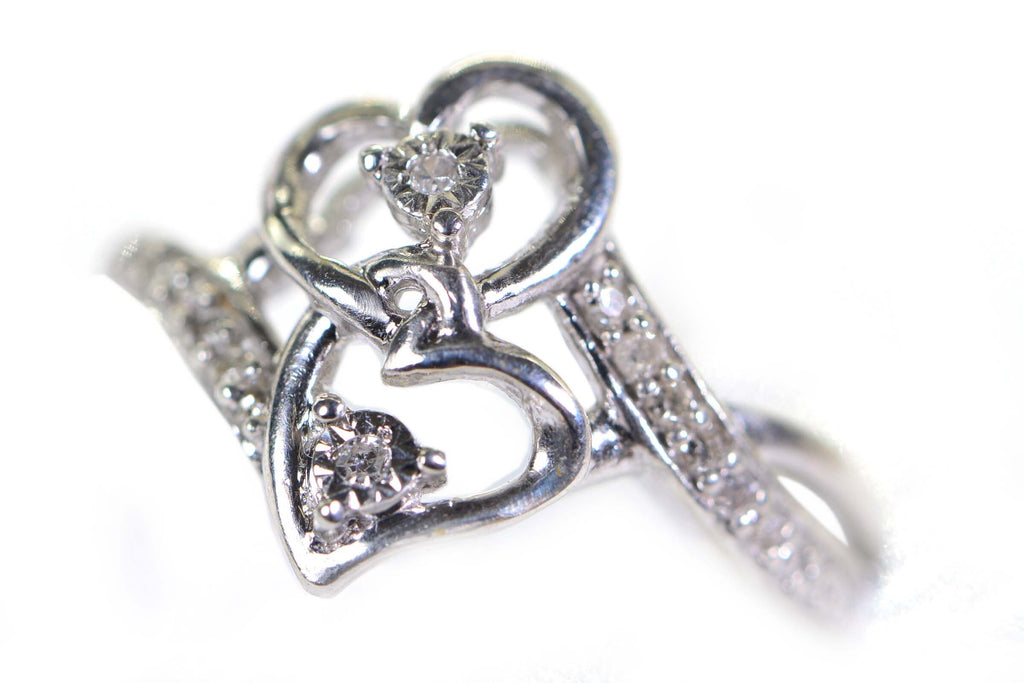 Diamond Two Heart Ring: 14K White Gold over Sterling Silver Engagement Ring