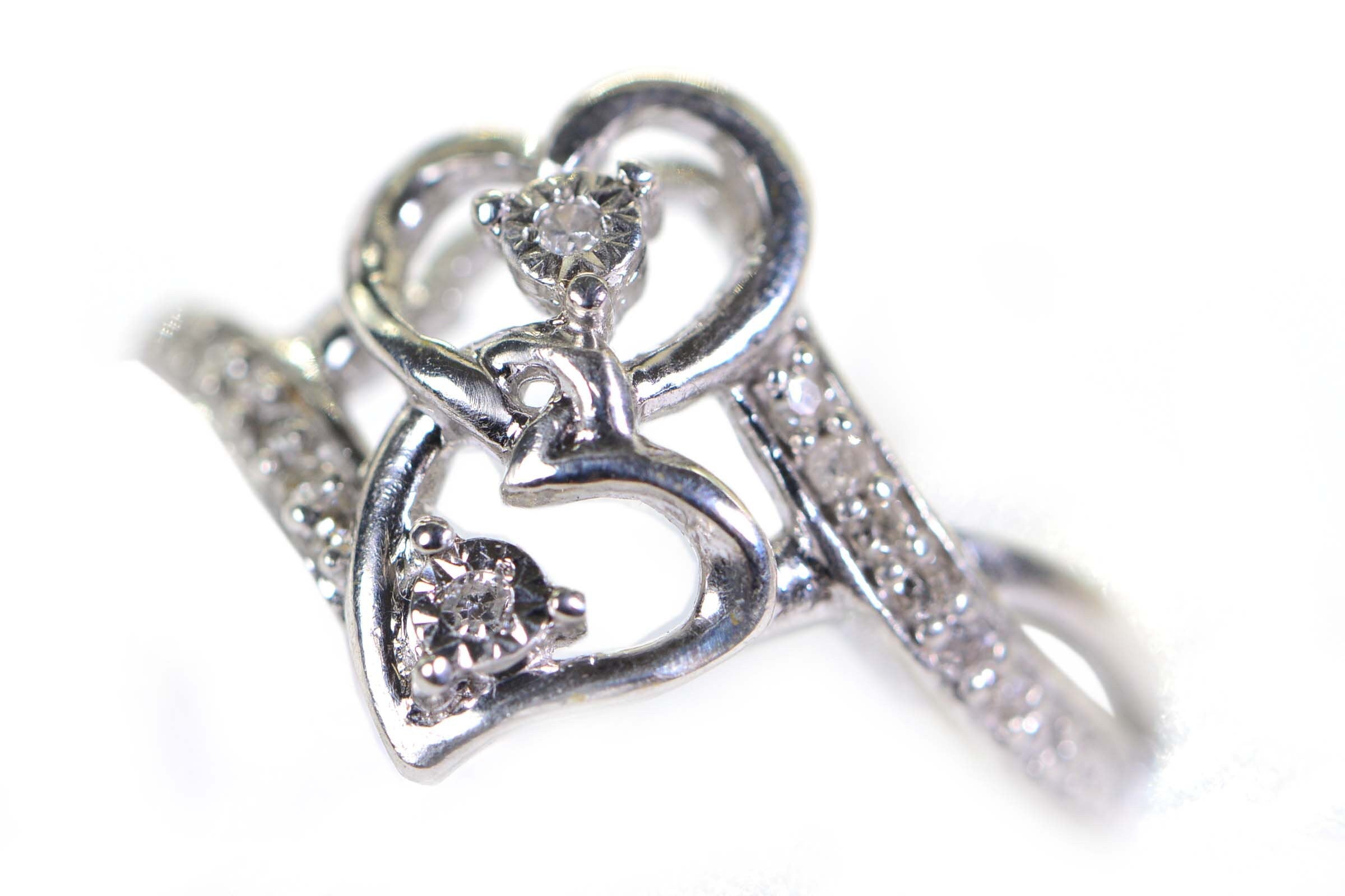 Diamond Two Heart Ring: 14K White Gold over Sterling Silver Engagement Ring