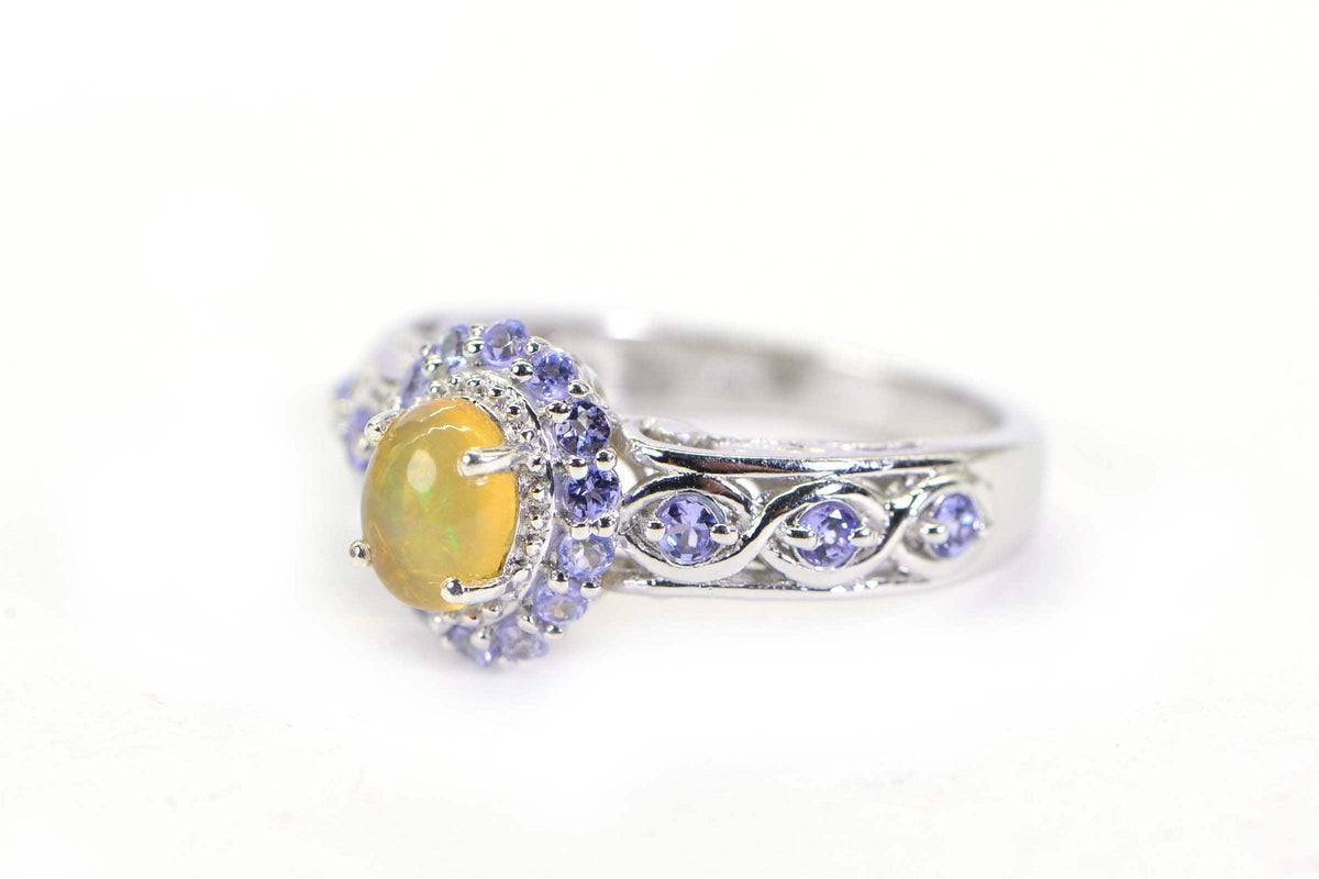 Ethiopian Welo Opal Tanzanite Ring: Sterling Silver Filigree Engagement Ring