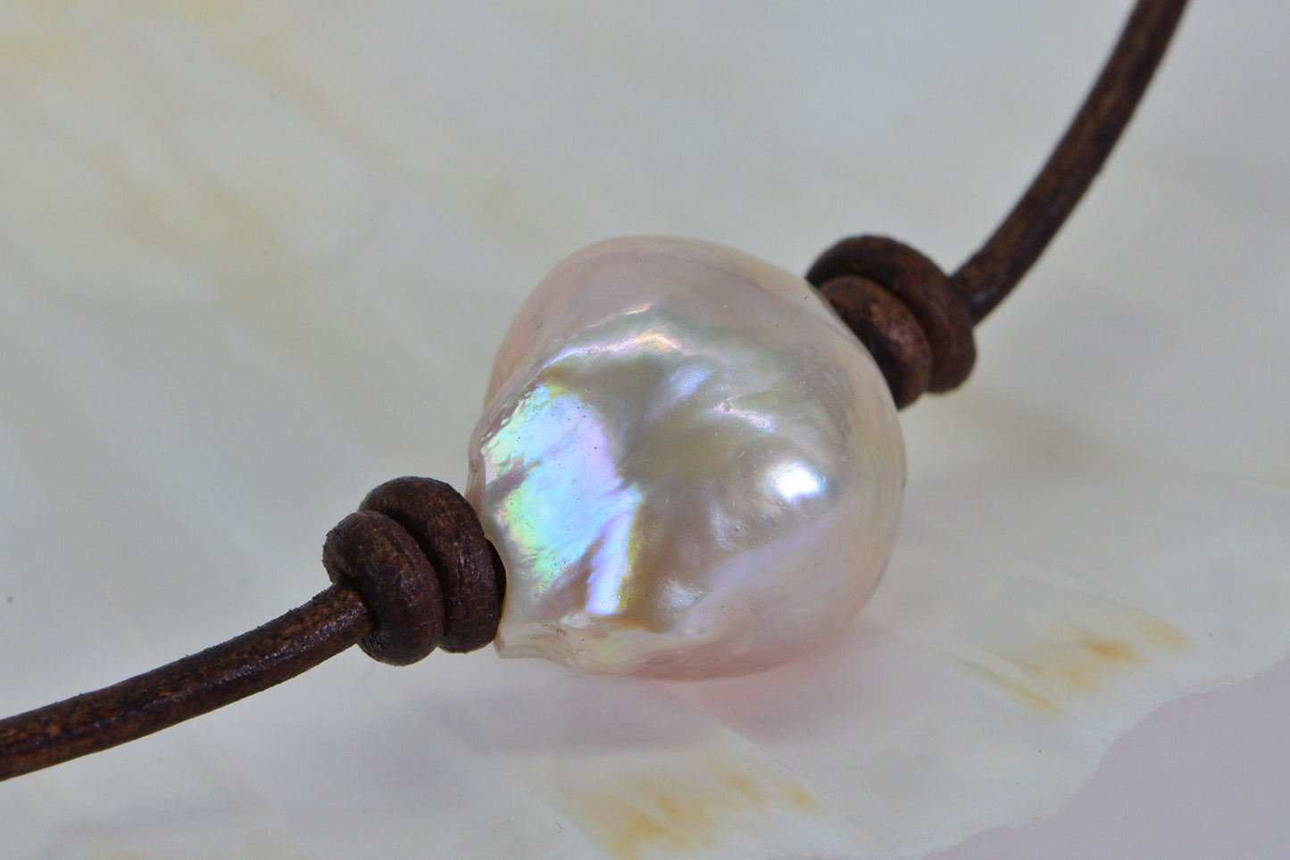 16mm Saltwater Pearl Choker: Knotted Leather Cord, Pink Peach Gemstone