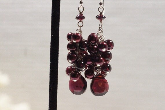 Garnet Cascade Earrings, Red Pearl Sterling Silver Dangle Earrings